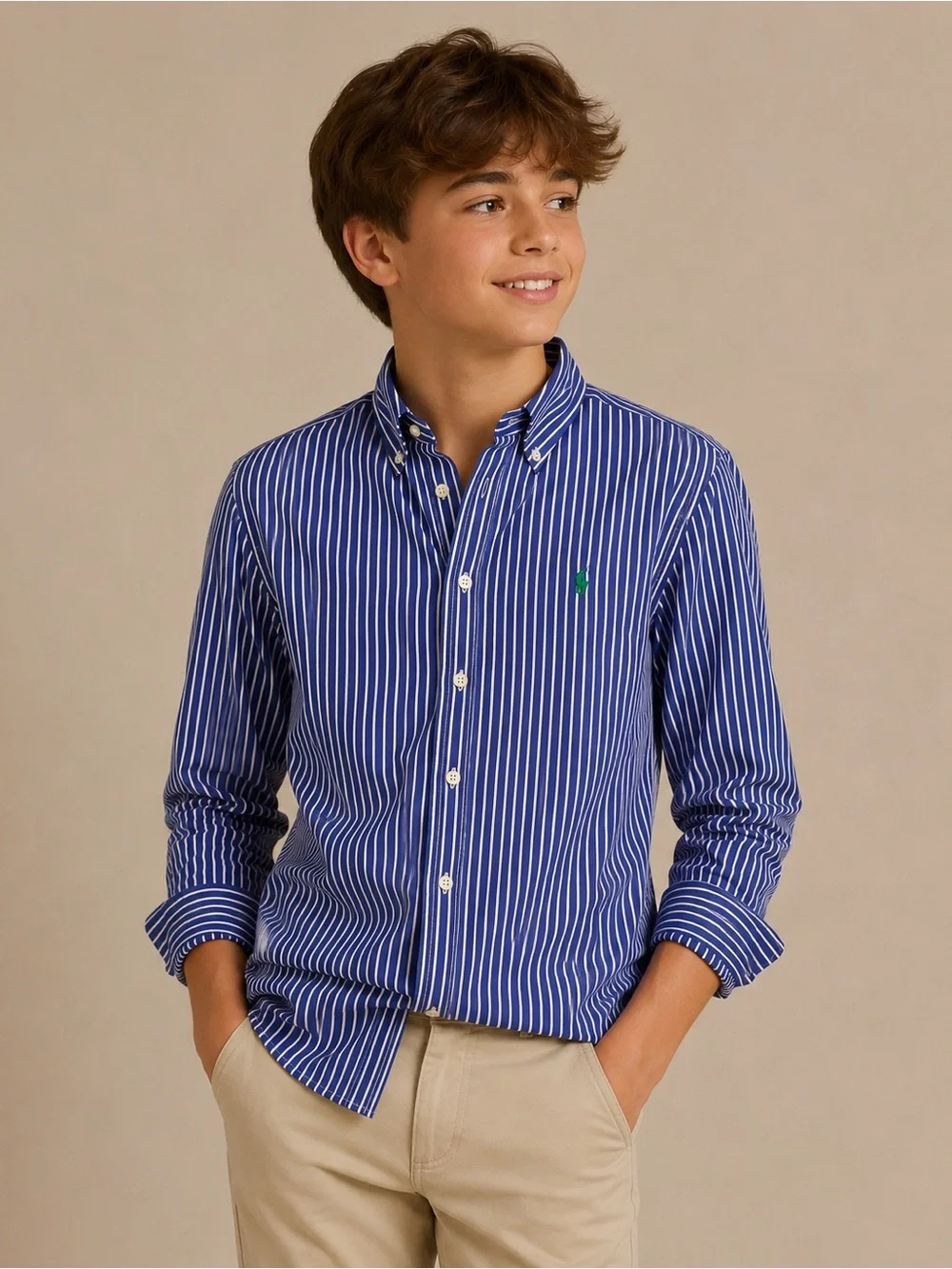 Ralph Lauren Boys Blue White Striped Button Down Oxford Shirt L 14-16 Cotton